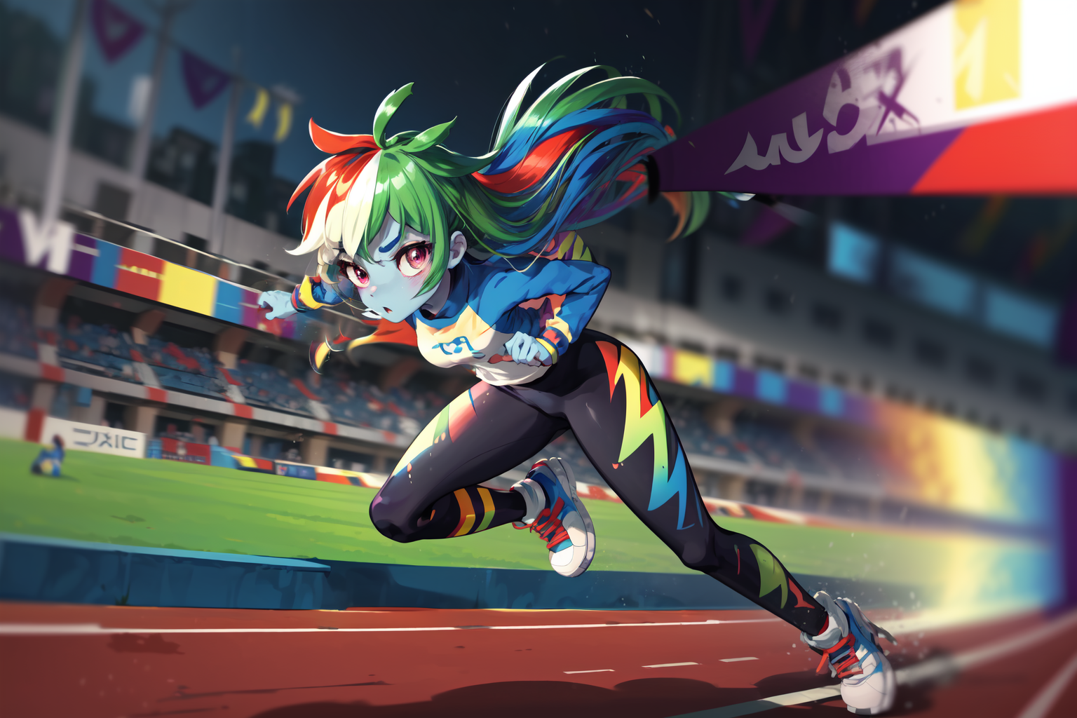 00734-283673750-masterpiece,best quality,1girl,solo,solo focus,mlpdash,colored skin,blue skin,rainbow hair,purple eyes,buruma,running,sonic spee.png